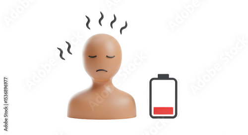 Isolated Depressed Man with Empty Battery Symbol
