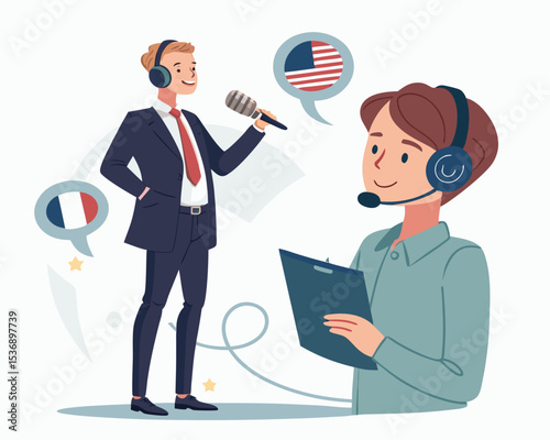 vector of a professional interpreter with headset and microphone, translating speech, white background
