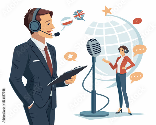 vector of a professional interpreter with headset and microphone, translating speech, white background
