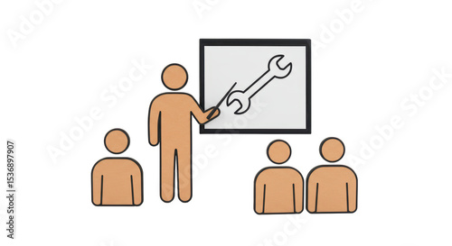 Isolated Man Teaching Class with Wrench on Whiteboard