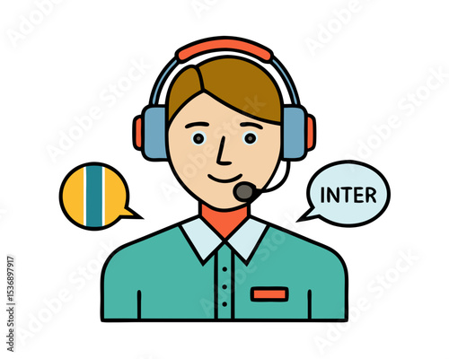vector of a professional interpreter with headset and microphone, translating speech, white background
