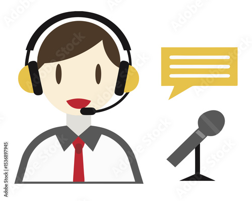 vector of a professional interpreter with headset and microphone, translating speech, white background
