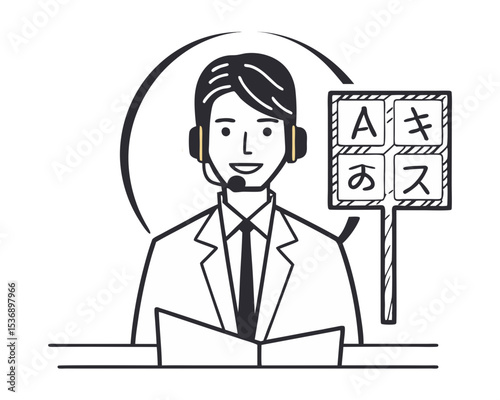 vector of a professional interpreter with headset and microphone, translating speech, white background
