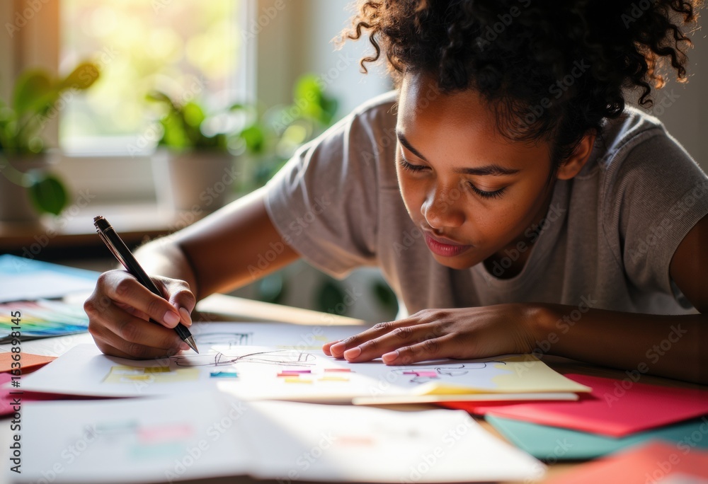 Young woman with curly hair studying and writing at a desk with colorful papers and notebooks Young woman with curly hair studying and writing at a desk with colorful papers and notebooks