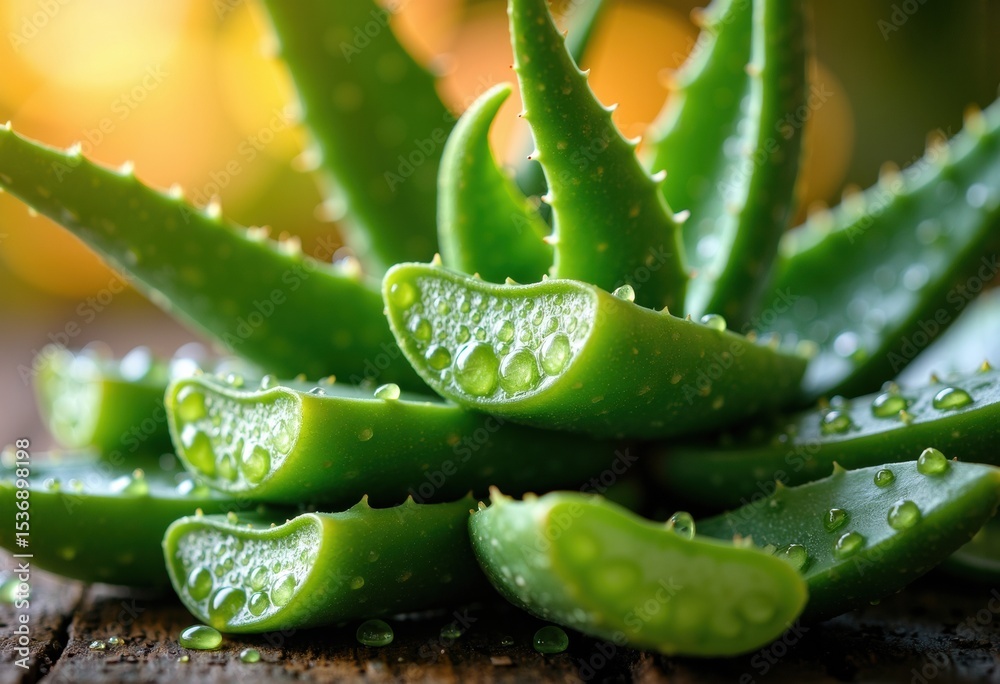 Close-up of a green aloe vera plant with water droplets on its thick, fleshy leaves Close-up of a green aloe vera plant with water droplets on its thick, fleshy leaves