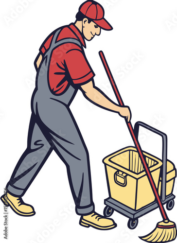 vector of a janitor or cleaner pushing mop and bucket cart, wearing uniform, isolated on white
