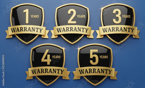 Warranty Shields with Years 1, 2, 3, 4, 5 | Golden Ribbons on Dark Emblems for Guarantee, Assurance, and Product Protection Graphics