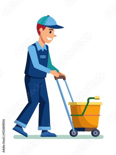 vector of a janitor or cleaner pushing mop and bucket cart, wearing uniform, isolated on white
