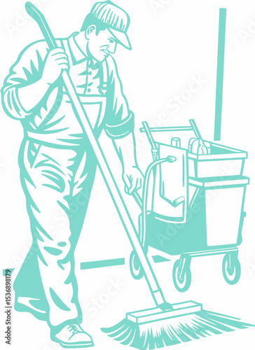 vector of a janitor or cleaner pushing mop and bucket cart, wearing uniform, isolated on white
