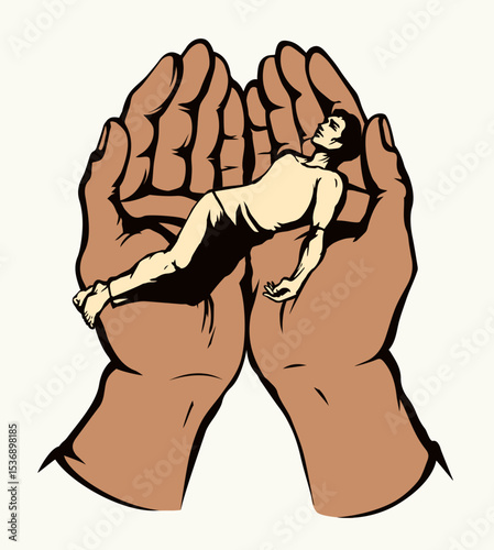 The exhausted man in praying hands. Vector drawing