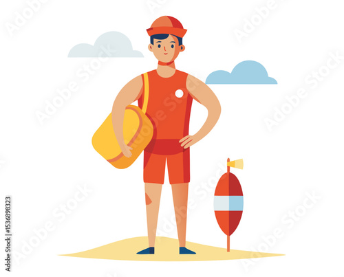 vector of a lifeguard in swimsuit and cap holding rescue buoy, standing on beach, white background
