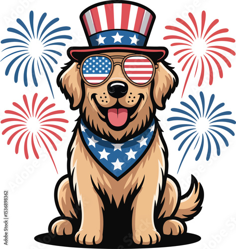 Happy Golden Retriever in American Flag Outfit Celebrating the 4th of July