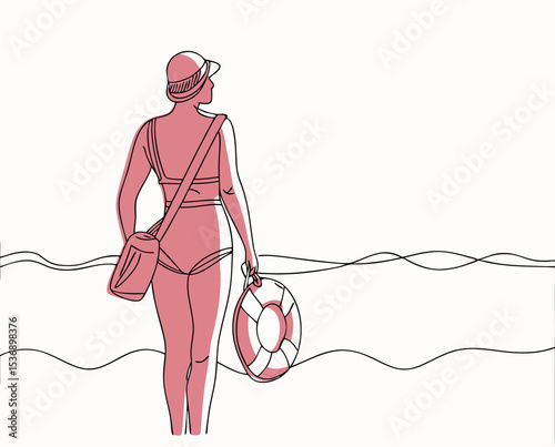 vector of a lifeguard in swimsuit and cap holding rescue buoy, standing on beach, white background

