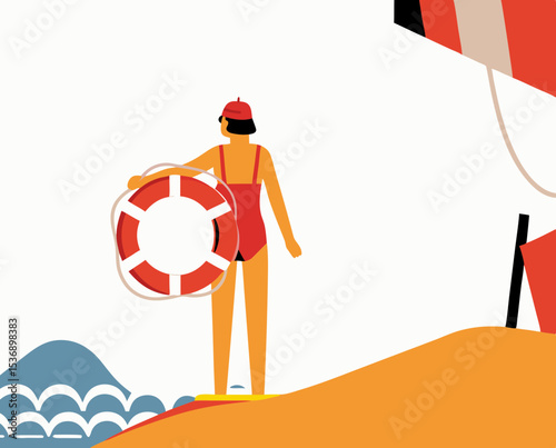 vector of a lifeguard in swimsuit and cap holding rescue buoy, standing on beach, white background
