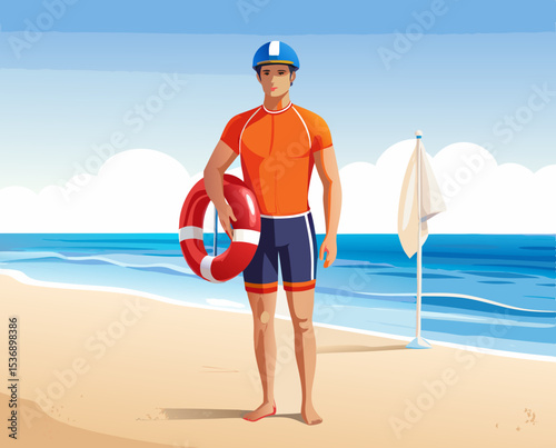 vector of a lifeguard in swimsuit and cap holding rescue buoy, standing on beach, white background
