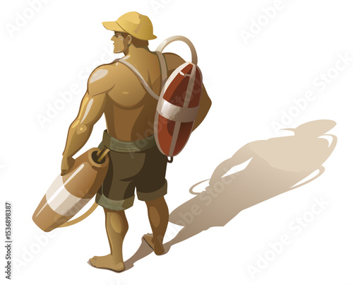 vector of a lifeguard in swimsuit and cap holding rescue buoy, standing on beach, white background
