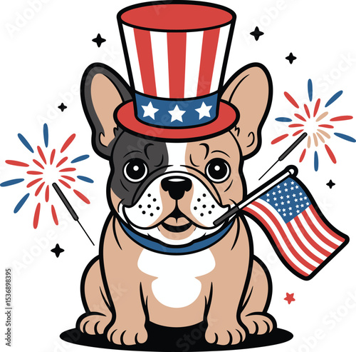Patriotic french bulldog with fireworks and flag