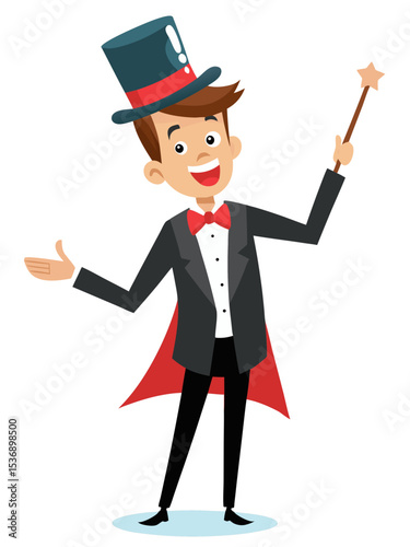 vector of a magician in tuxedo performing trick with wand and top hat, white background
