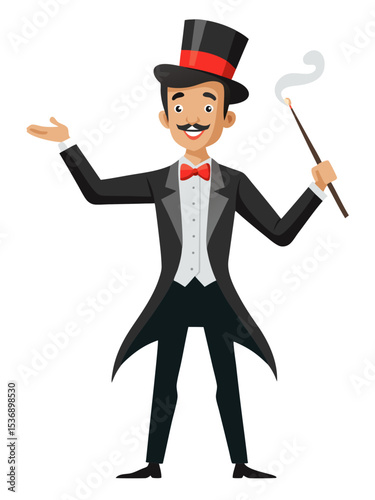 vector of a magician in tuxedo performing trick with wand and top hat, white background
