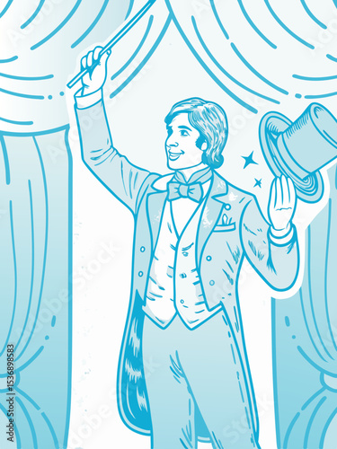 vector of a magician in tuxedo performing trick with wand and top hat, white background

