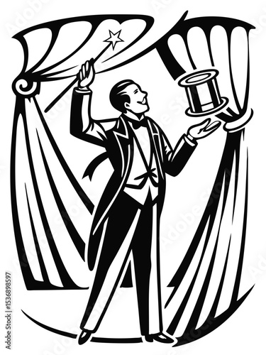 vector of a magician in tuxedo performing trick with wand and top hat, white background
