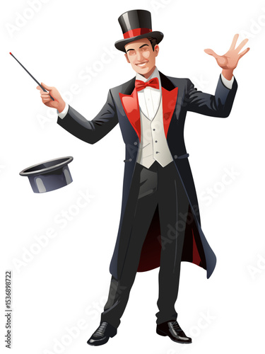 vector of a magician in tuxedo performing trick with wand and top hat, white background
