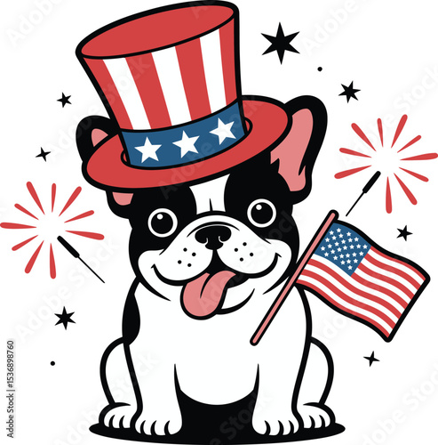 Patriotic french bulldog with uncle sam hat and flag