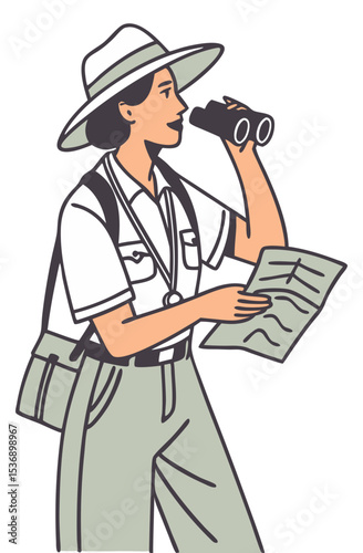 vector of a park ranger wearing wide-brim hat, holding binoculars and map, clean style on white
