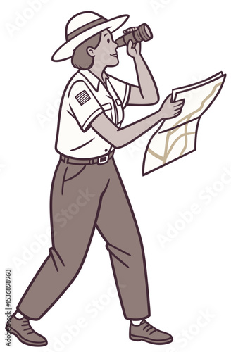 vector of a park ranger wearing wide-brim hat, holding binoculars and map, clean style on white
