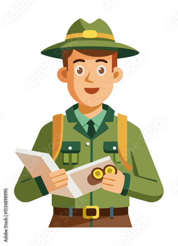 vector of a park ranger wearing wide-brim hat, holding binoculars and map, clean style on white
