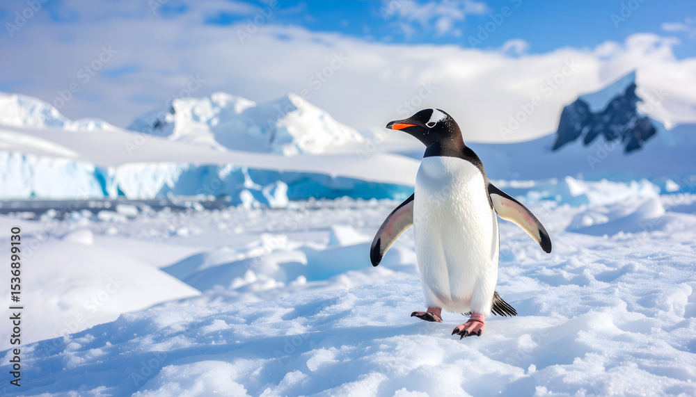 Obraz premium Adorable Penguin in Orange Flippers on Antarctic Iceberg, Bright Blue Sky