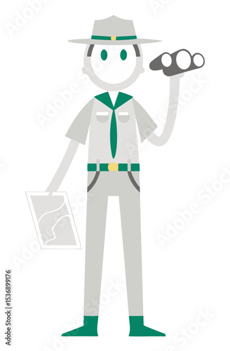 vector of a park ranger wearing wide-brim hat, holding binoculars and map, clean style on white
