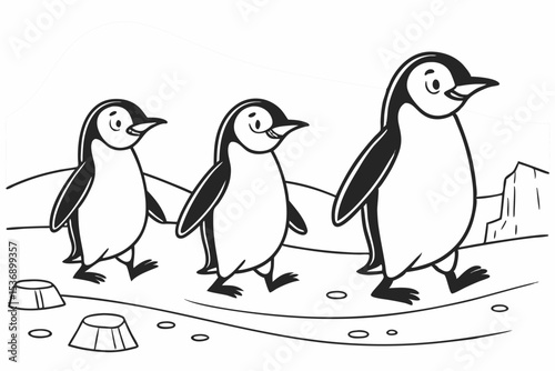 coloring page for kids, a group of three happy penguins waddling in a line, thick outlines, black and white, simple background