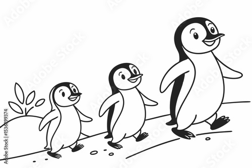 coloring page for kids, a group of three happy penguins waddling in a line, thick outlines, black and white, simple background