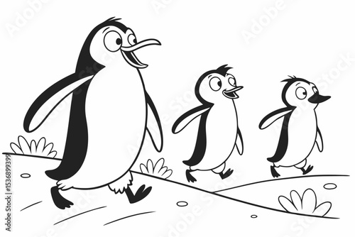 coloring page for kids, a group of three happy penguins waddling in a line, thick outlines, black and white, simple background