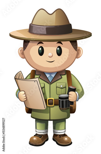 vector of a park ranger wearing wide-brim hat, holding binoculars and map, clean style on white
