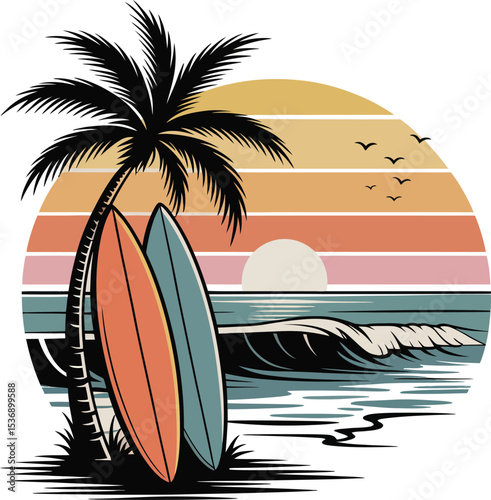 Surfboards palm tree ocean sunset summer beach