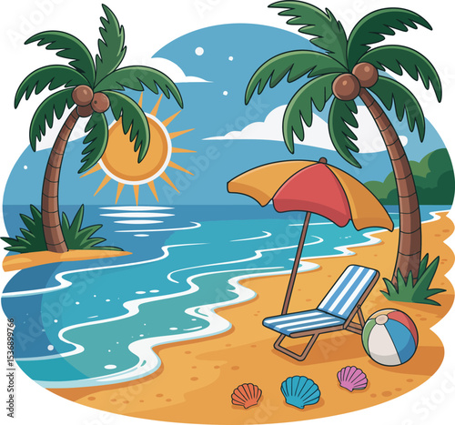 Tropical beach scene with palm trees and beach chair
