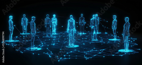 Digital people stand in circle over network.