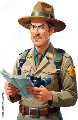 vector of a park ranger wearing wide-brim hat, holding binoculars and map, clean style on white
