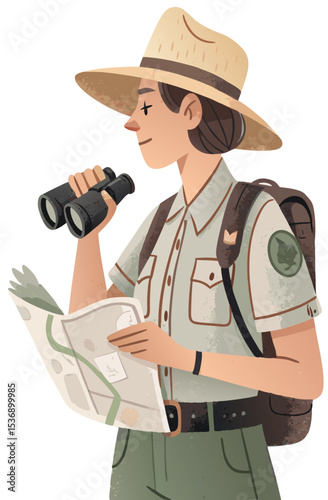 vector of a park ranger wearing wide-brim hat, holding binoculars and map, clean style on white

