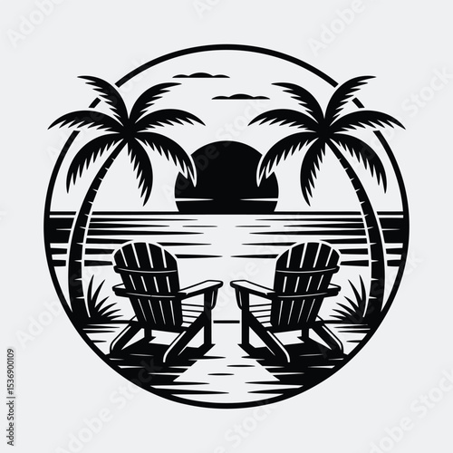Tropical beach sunset scene with adirondack chairs