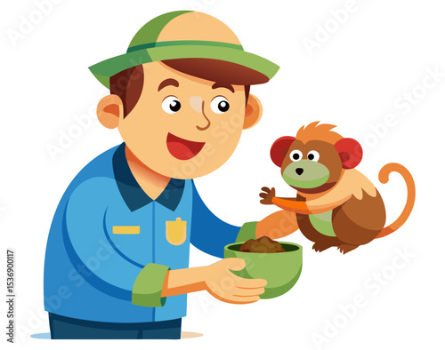 vector of a zoo worker feeding a small animal (like a monkey or parrot), holding food bowl, isolated on white
