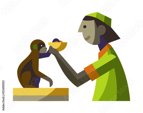 vector of a zoo worker feeding a small animal (like a monkey or parrot), holding food bowl, isolated on white
