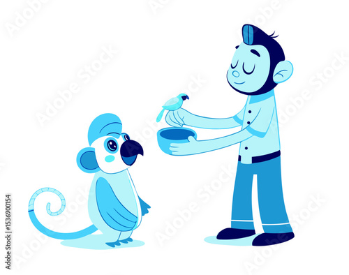 vector of a zoo worker feeding a small animal (like a monkey or parrot), holding food bowl, isolated on white
