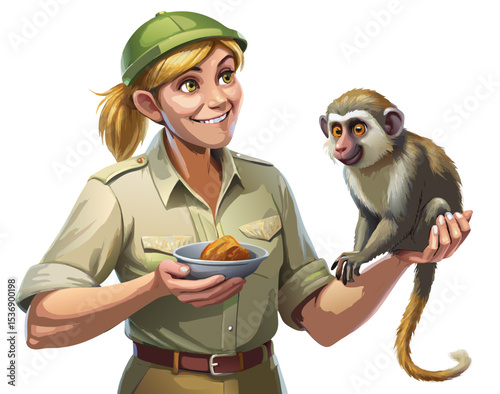 vector of a zoo worker feeding a small animal (like a monkey or parrot), holding food bowl, isolated on white
