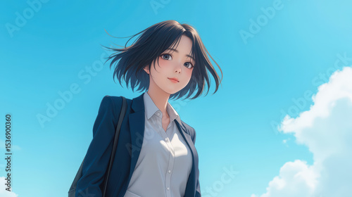 Young woman with short black hair stands against bright blue sky, wearing business suit and looking confidently at viewer