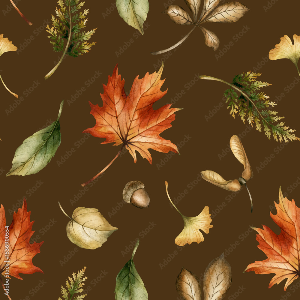 Fototapeta premium Autumn forest leaves, seeds and acorns. Watercolor hand painted forest floral seamless pattern on dark brown background