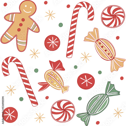 Festive Holiday Gingerbread Man and Candy Canes Background