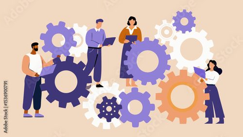 Teamwork and collaboration concept with people working together with gears business process and system integration for success and innovation